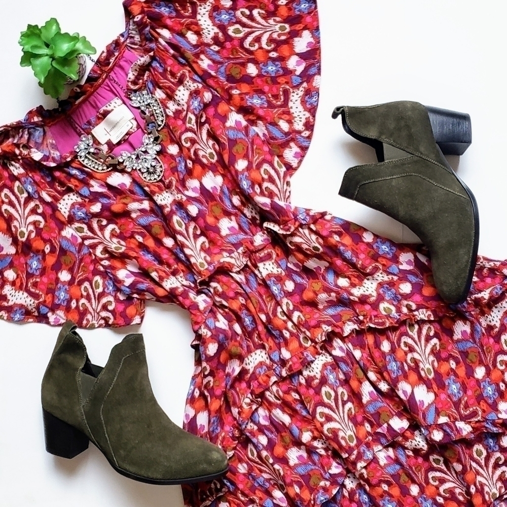 Anthropologie Robin Tiered Mini Dress Pink Ikat Flutter Sleeve Ruffle Size XS